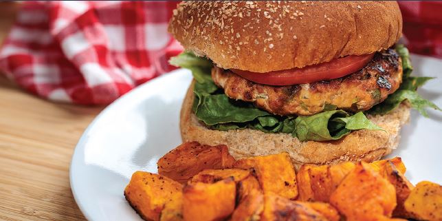 chicken burger and potatoes on plate