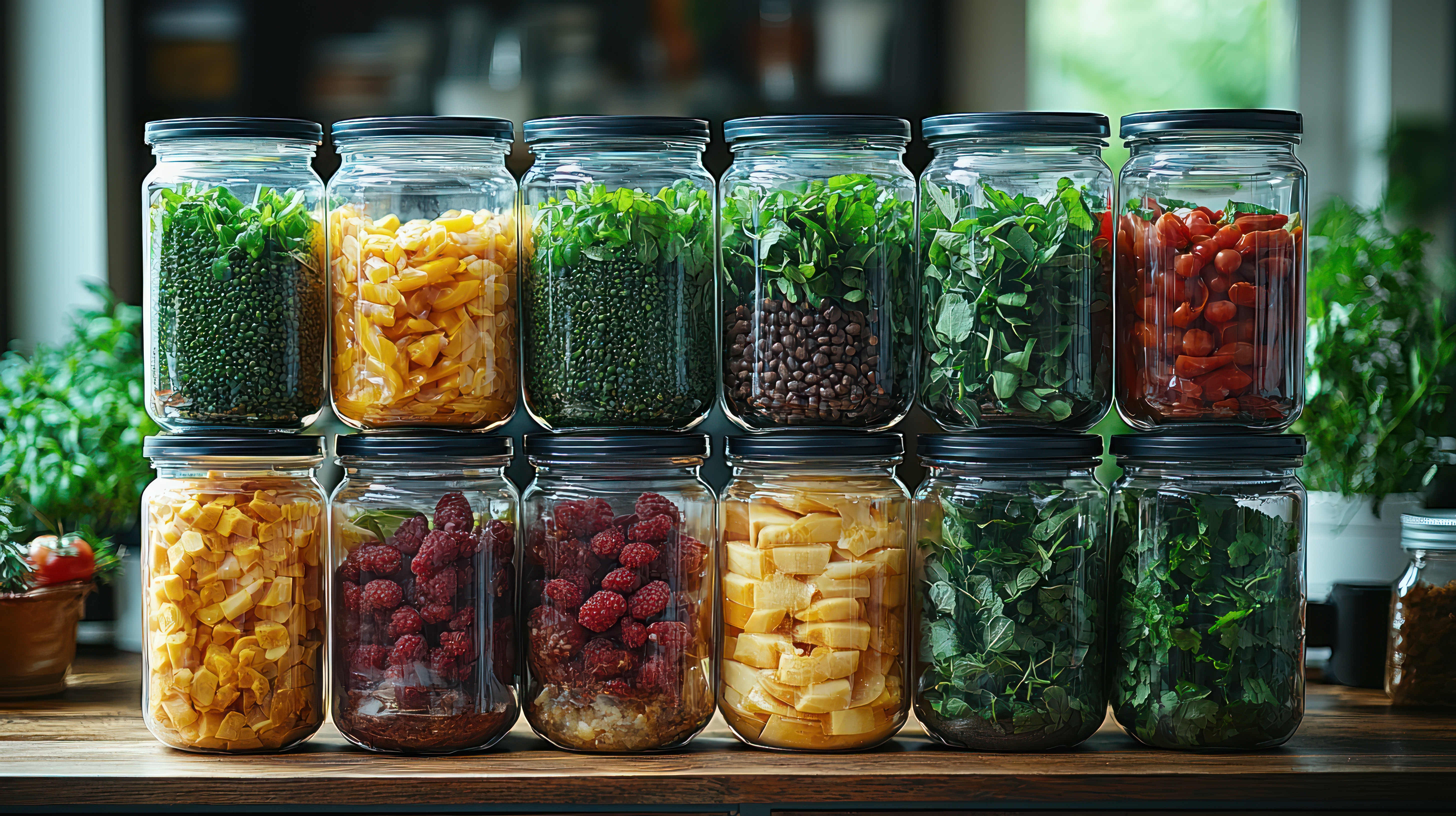 Jars of dehydrated fruit, vegetables, & herbs