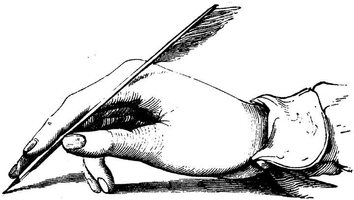 Drawing of hand holding a quill pen