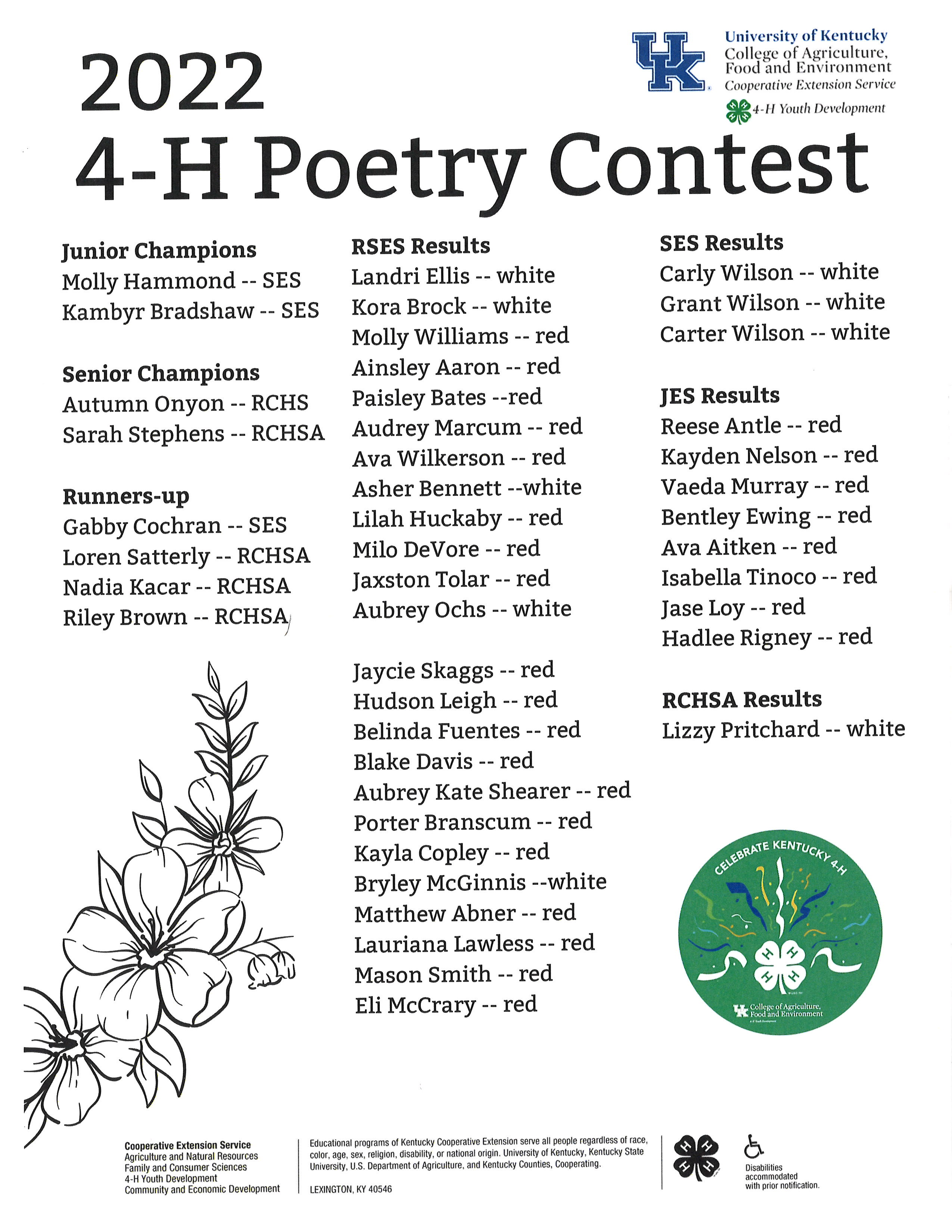 2022 4-H Poetry Contest Results