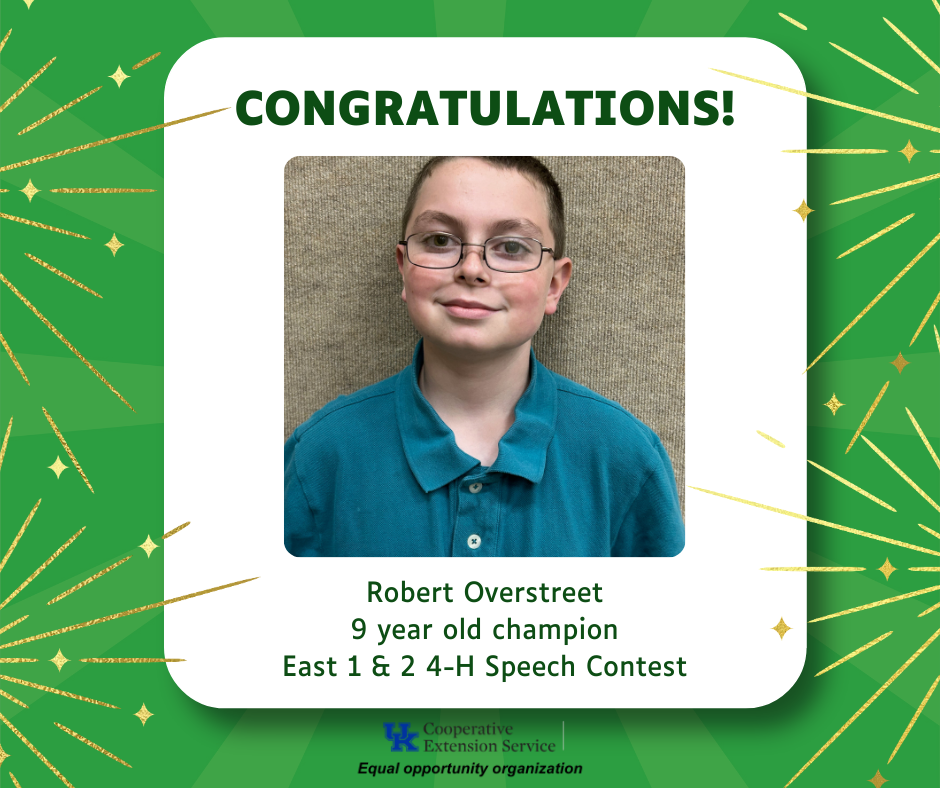 Robert Overstreet, 9 year old champion, East 1 & 2 4-H Speech Contest