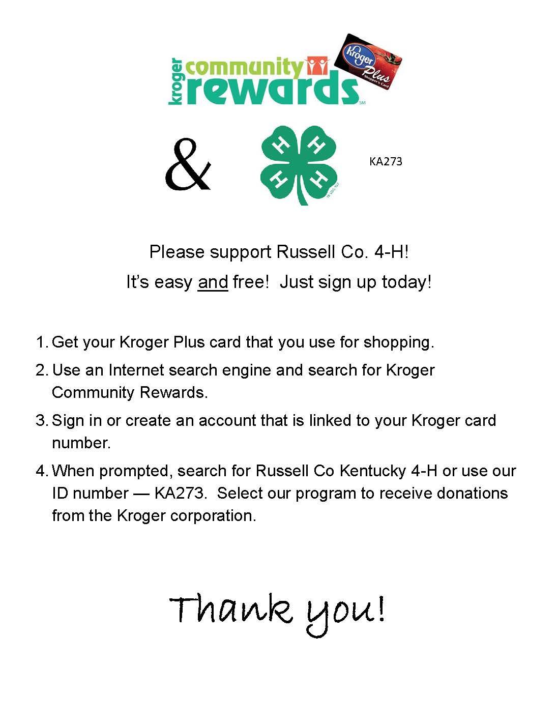Support RC 4-H with Kroger Community Rewards information