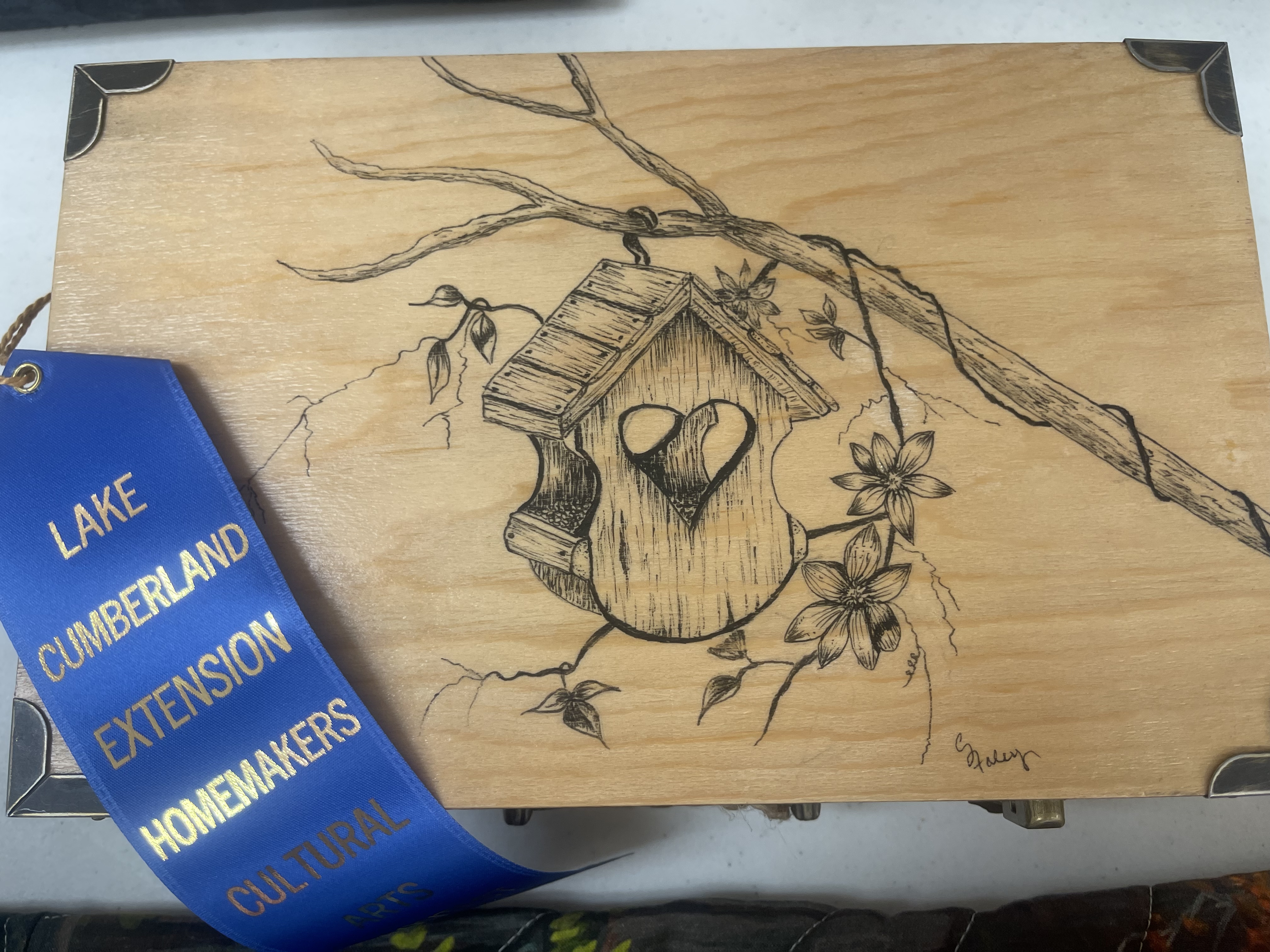 Drawing of birdhouse on wooden box