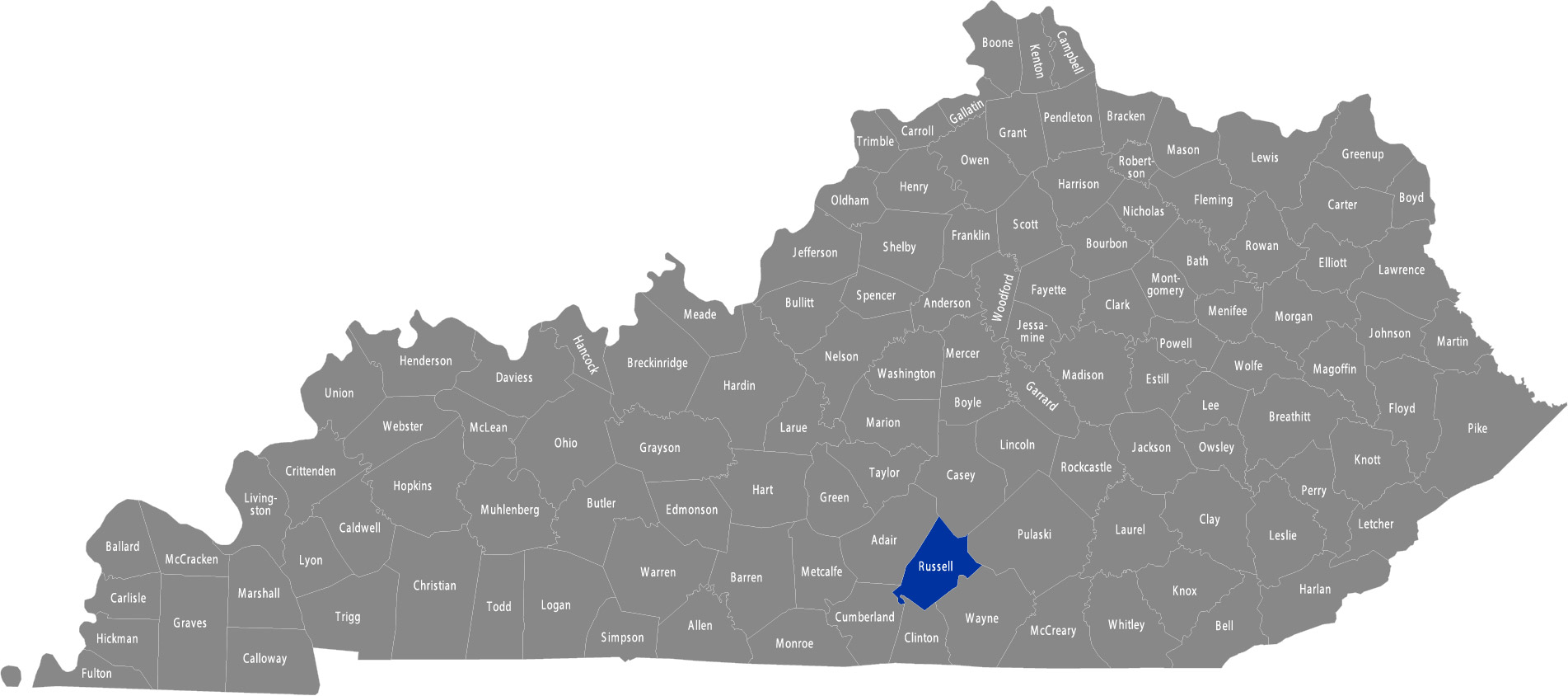 State of Kentucky map with Russell County highlighted 