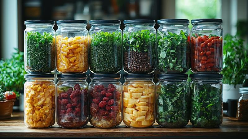 Jars of dehydrated fruit, vegetables, & herbs