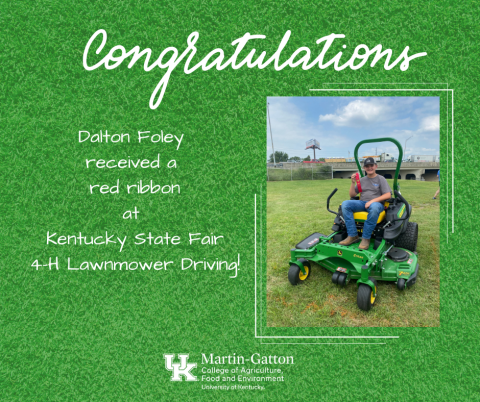 Dalton Foley received a red ribbon at the Kentucky State Fair 4-H Lawnmower Driving Contest